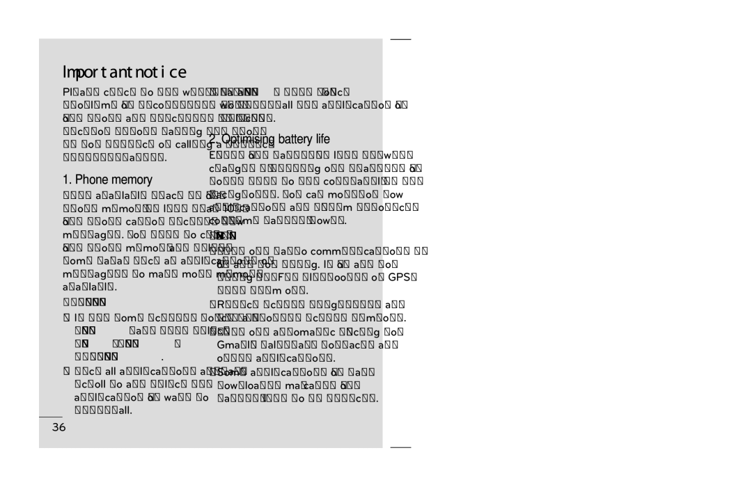 LG Electronics P690B manual Important notice, Phone memory, Optimising battery life, Managing applications 