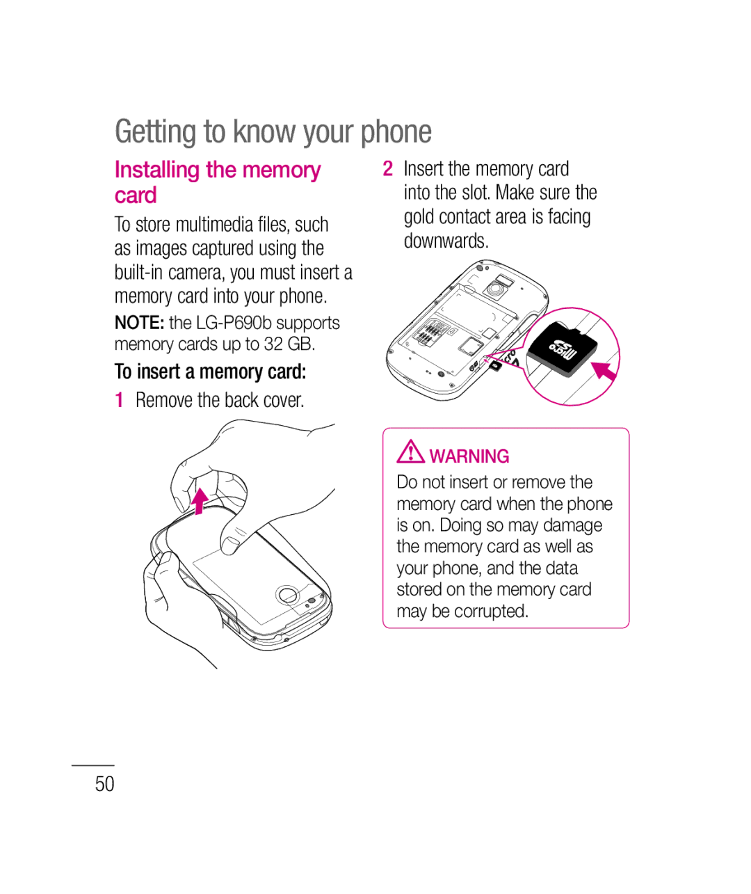 LG Electronics P690B manual Installing the memory card, To insert a memory card Remove the back cover 