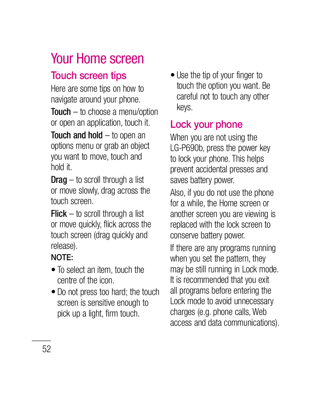 LG Electronics P690B manual Your Home screen, Touch screen tips, Lock your phone 