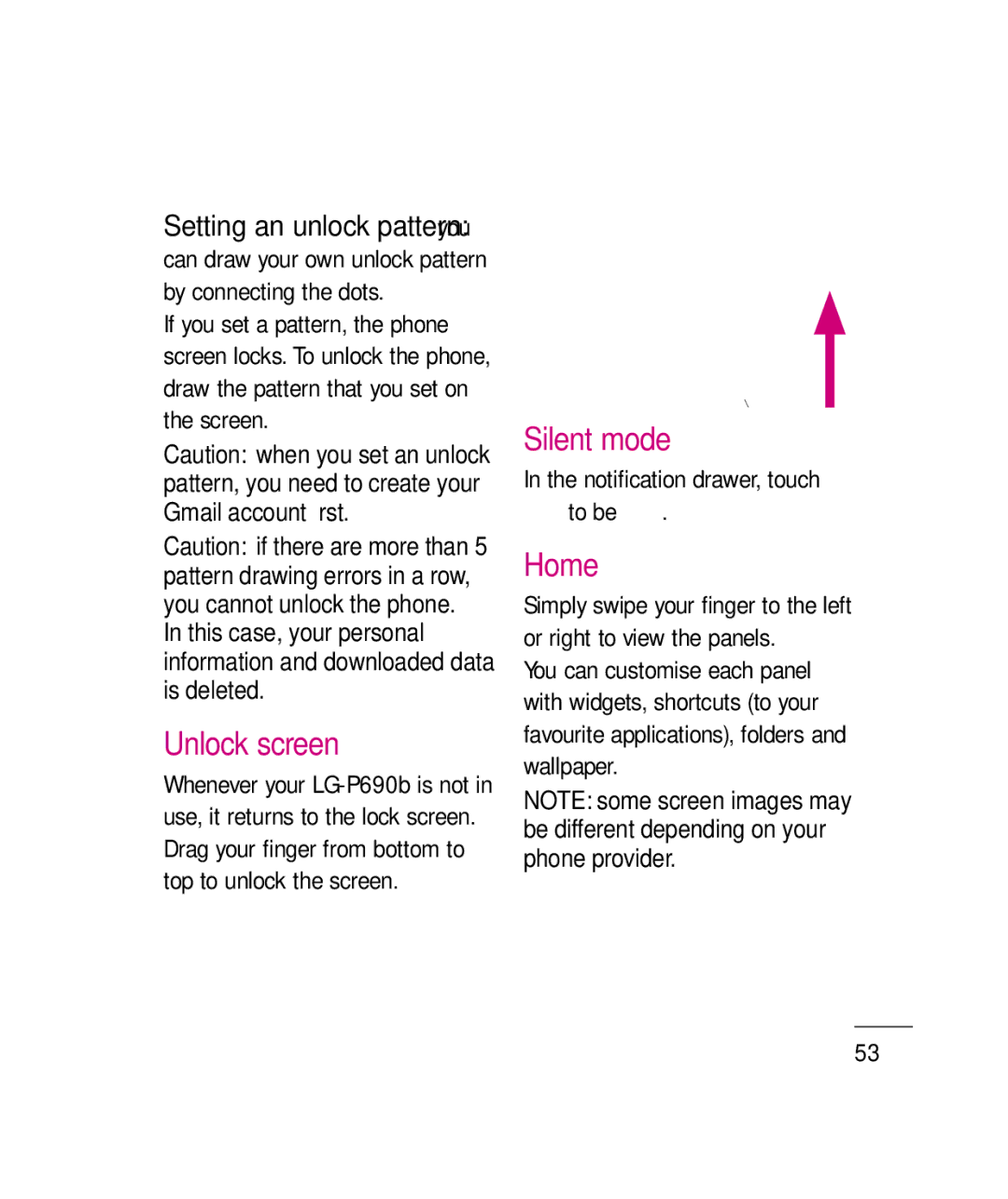LG Electronics P690B manual Unlock screen, Silent mode, Home, Notification drawer, touch to be 