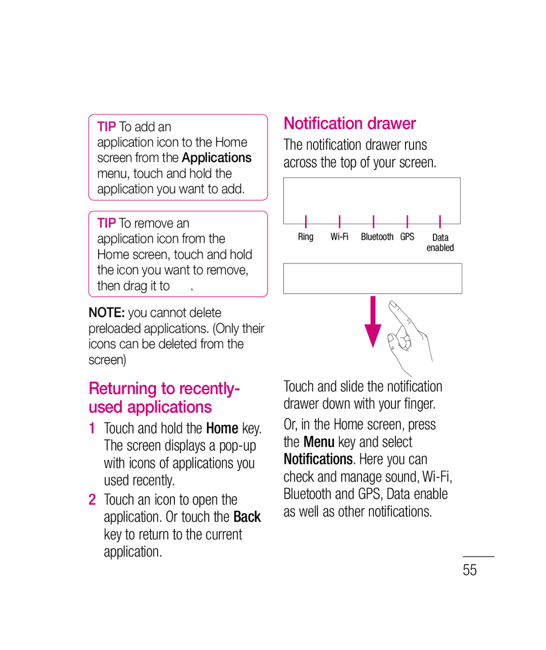 LG Electronics P690B manual Notification drawer, Returning to recently- used applications, TIP To add an 