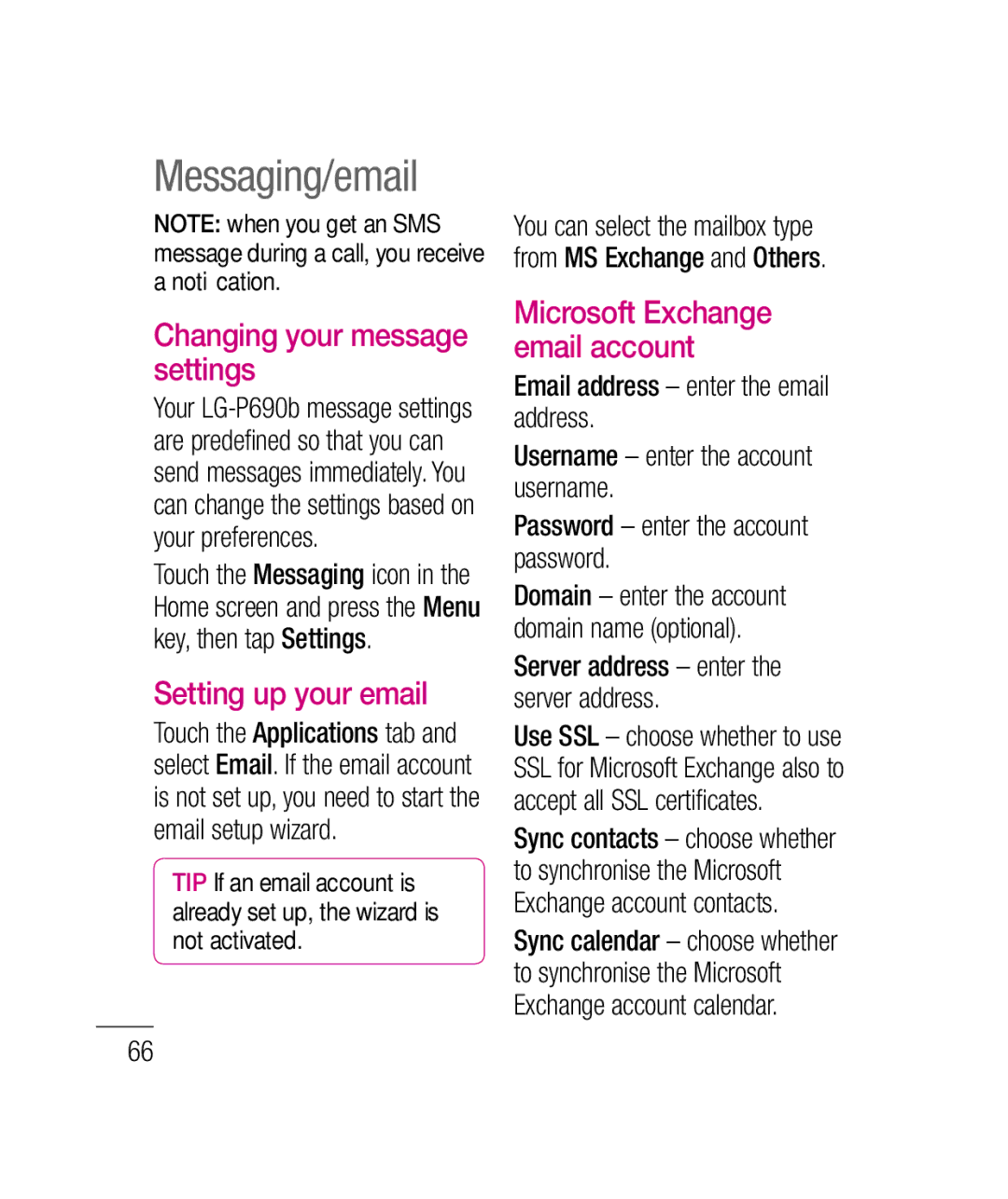 LG Electronics P690B manual Messaging/email, Changing your message settings, Setting up your email 