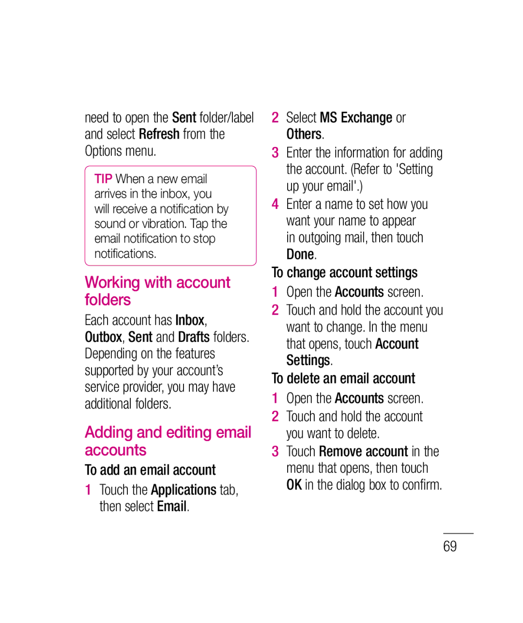 LG Electronics P690B manual Working with account folders, Adding and editing email accounts, To add an email account 
