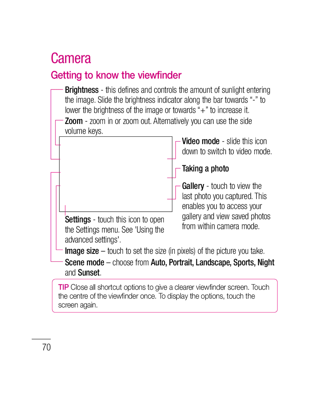 LG Electronics P690B manual Camera, Getting to know the viewfinder, Taking a photo 