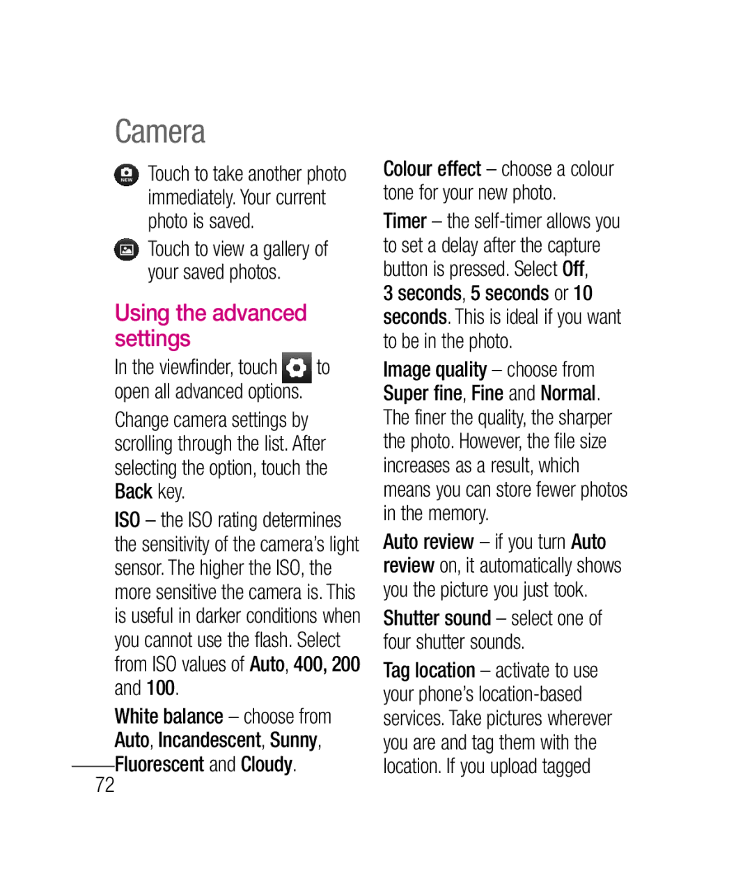 LG Electronics P690B manual Camera, Using the advanced settings, Shutter sound select one of four shutter sounds 