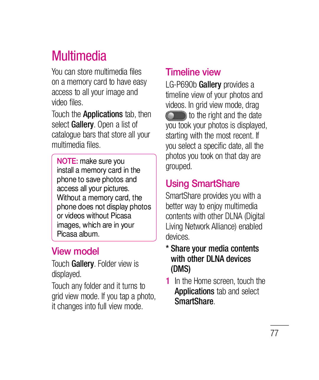 LG Electronics P690B manual Multimedia, View model, Timeline view, Using SmartShare 