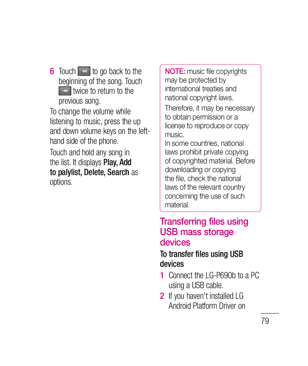 LG Electronics P690B manual Transferring files using USB mass storage devices, To transfer files using USB devices 