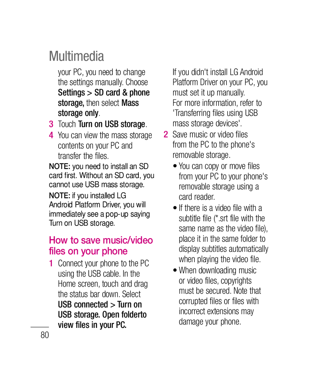 LG Electronics P690B manual How to save music/video files on your phone, Touch Turn on USB storage 