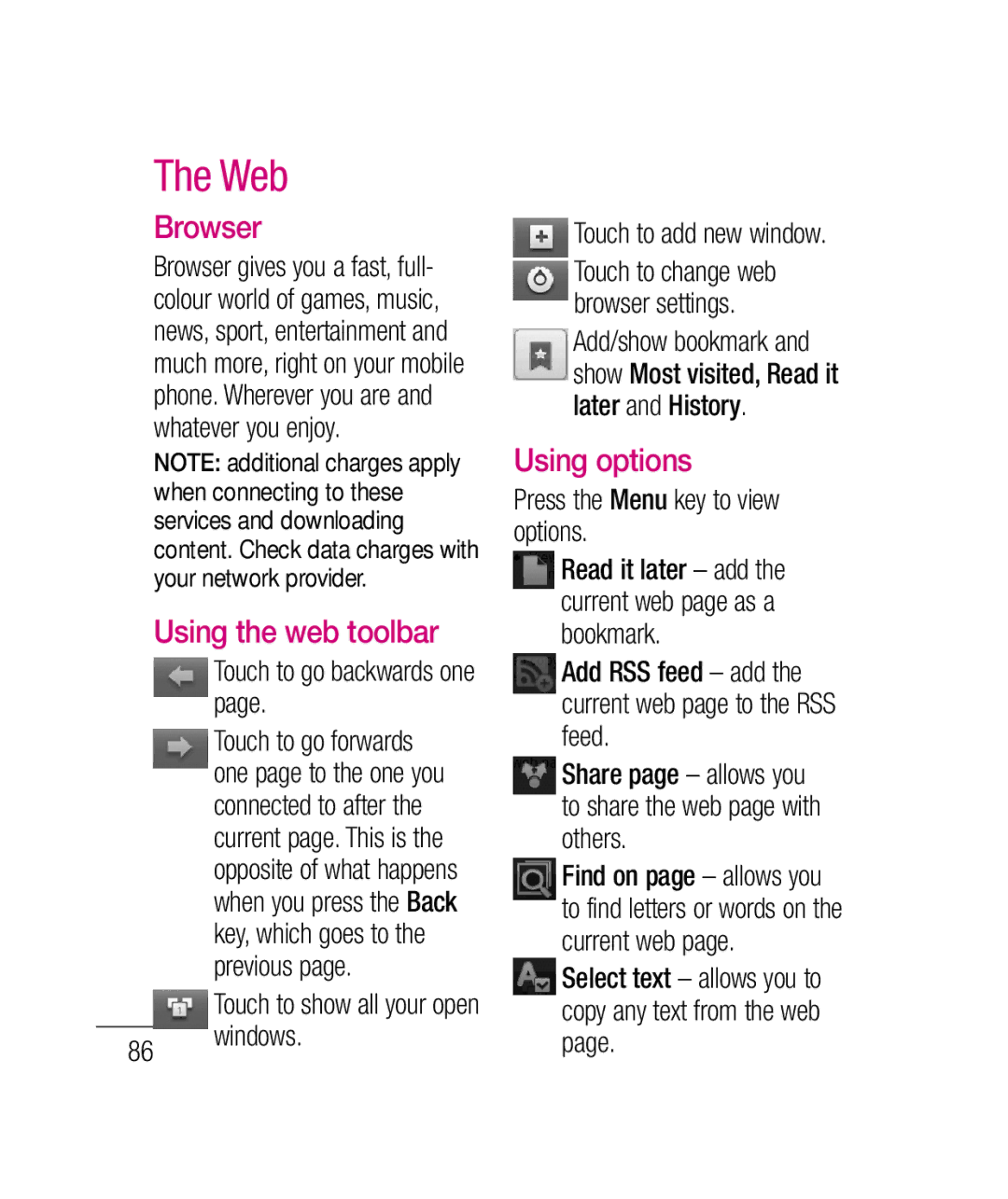 LG Electronics P690B manual Web, Browser, Using the web toolbar, Using options 