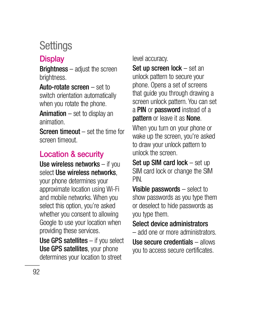 LG Electronics P690B manual Display, Location & security, Brightness adjust the screen brightness, Level accuracy 