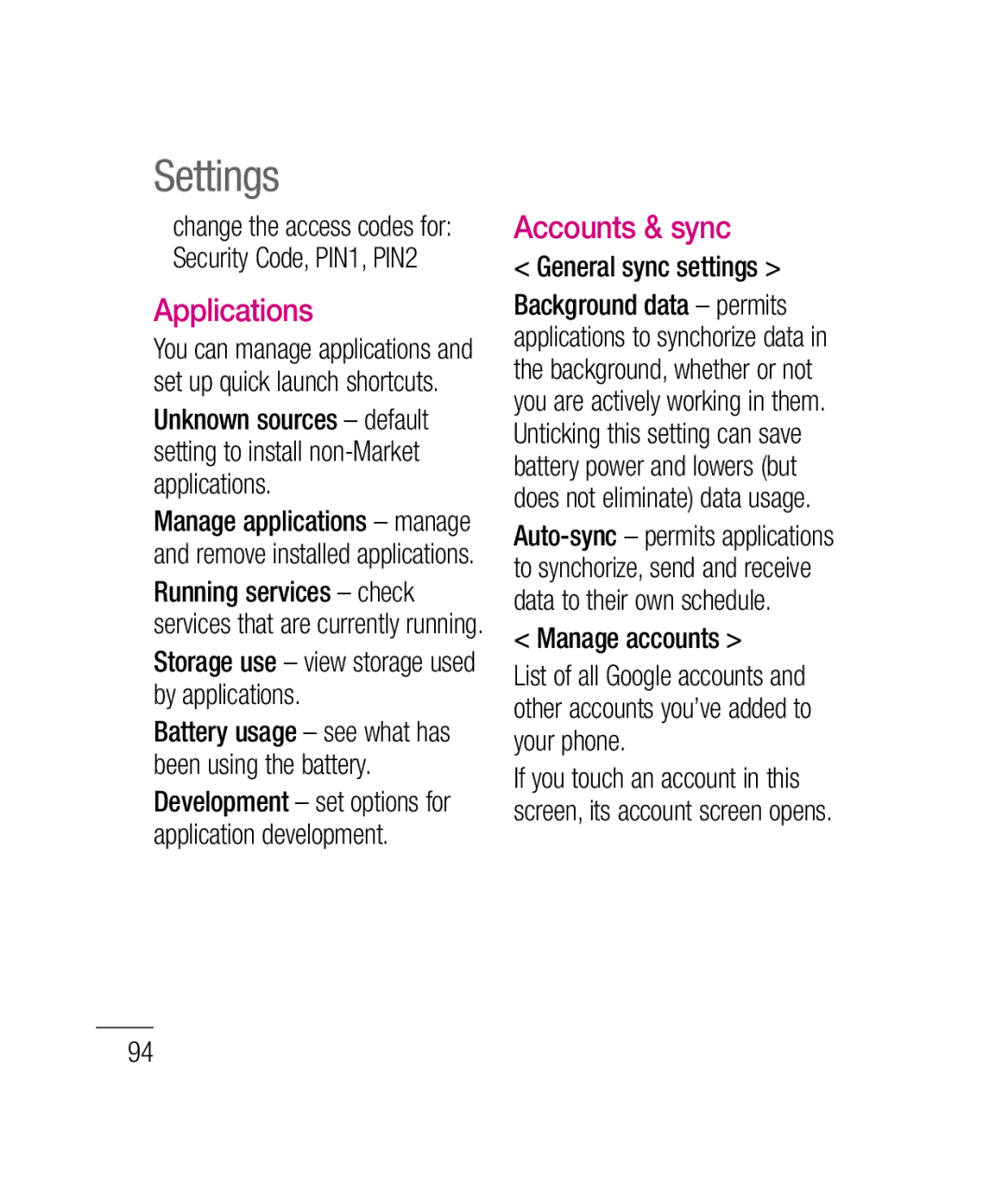 LG Electronics P690B manual Applications, Accounts & sync, General sync settings, Manage accounts 