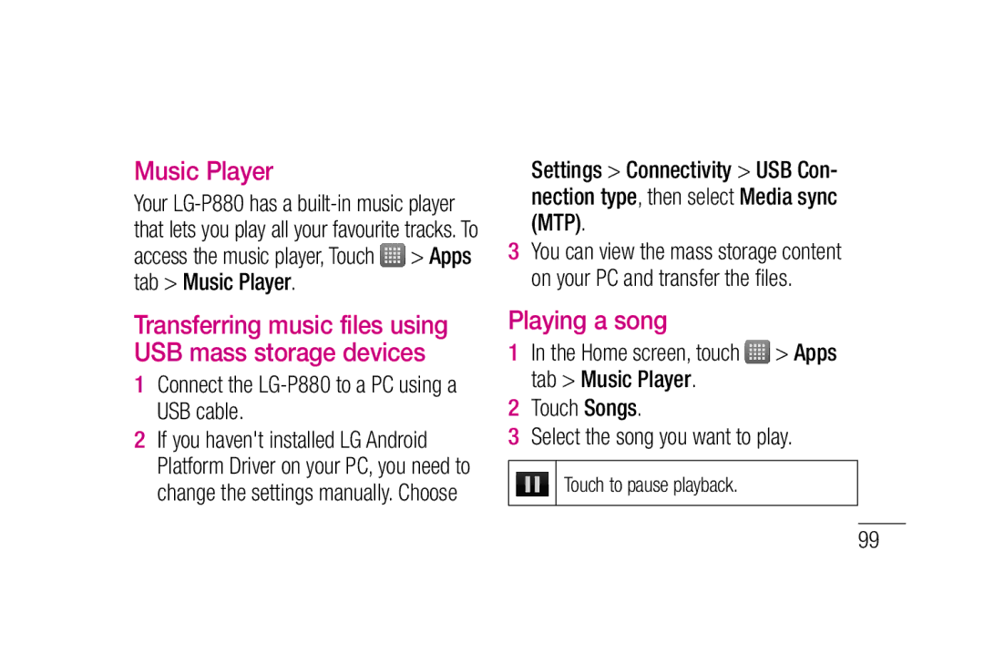 LG Electronics manual Music Player, Playing a song, Connect the LG-P880 to a PC using a USB cable 