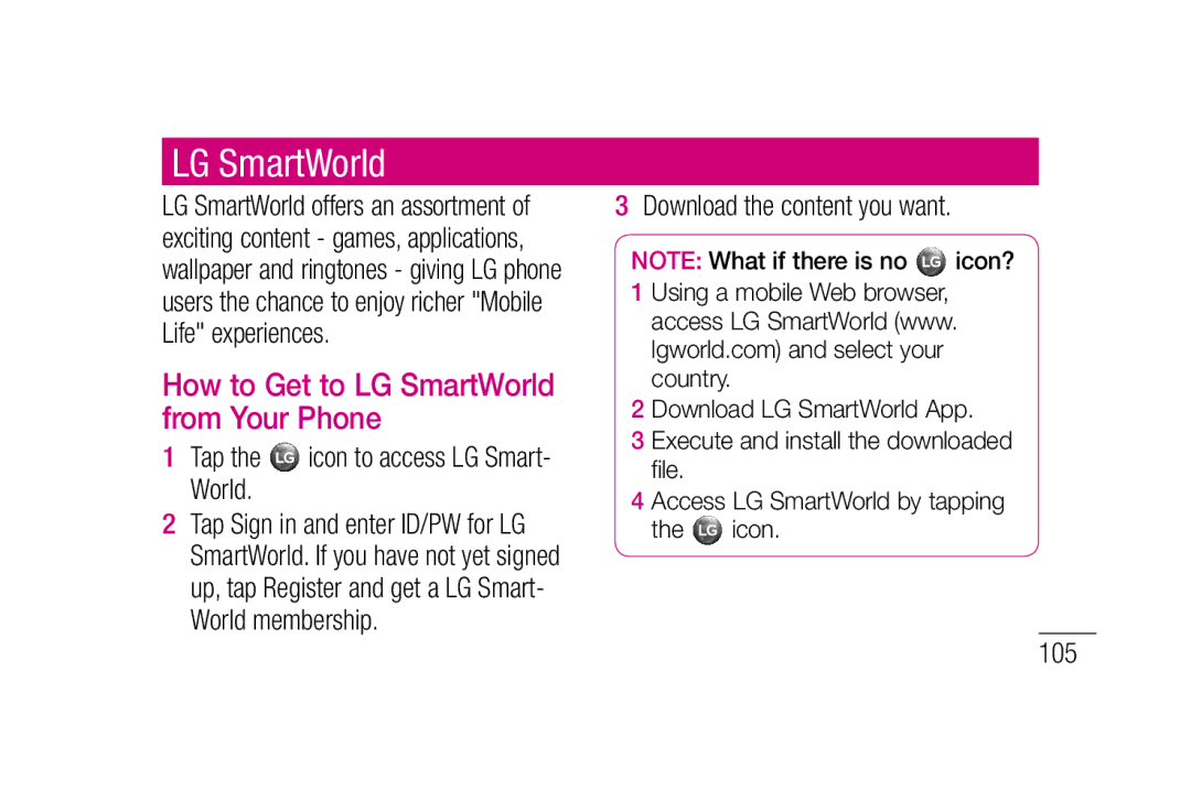 LG Electronics P880 manual LG SmartWorld, Tap the icon to access LG Smart- World, Download the content you want, 105 