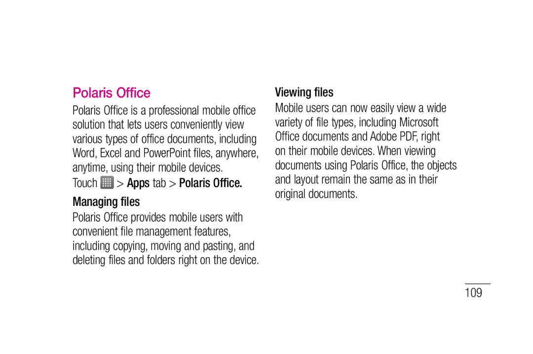 LG Electronics P880 manual Touch Apps tab Polaris Office. Managing files, Viewing files 109 