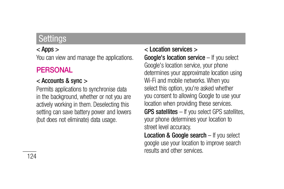 LG Electronics P880 manual Apps, Accounts & sync, Location services, 124 