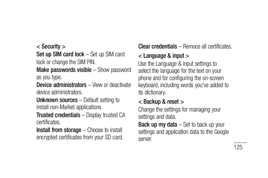 LG Electronics P880 manual Security, Trusted credentials Display trusted CA certificates, Language & input, Backup & reset 