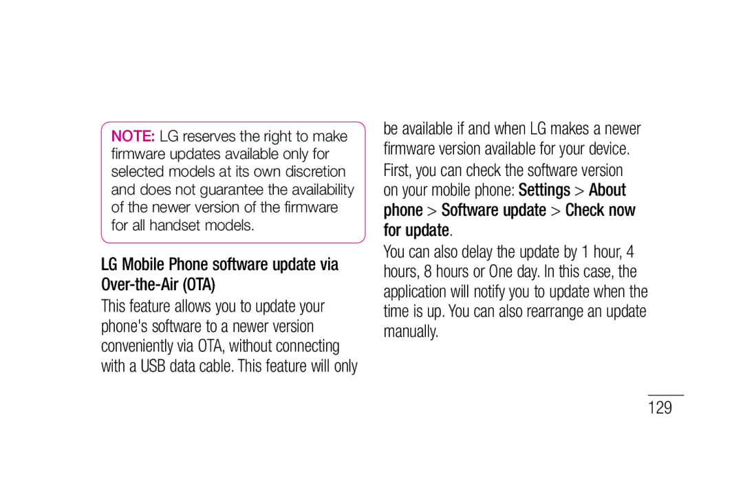 LG Electronics P880 manual LG Mobile Phone software update via Over-the-Air OTA, 129 