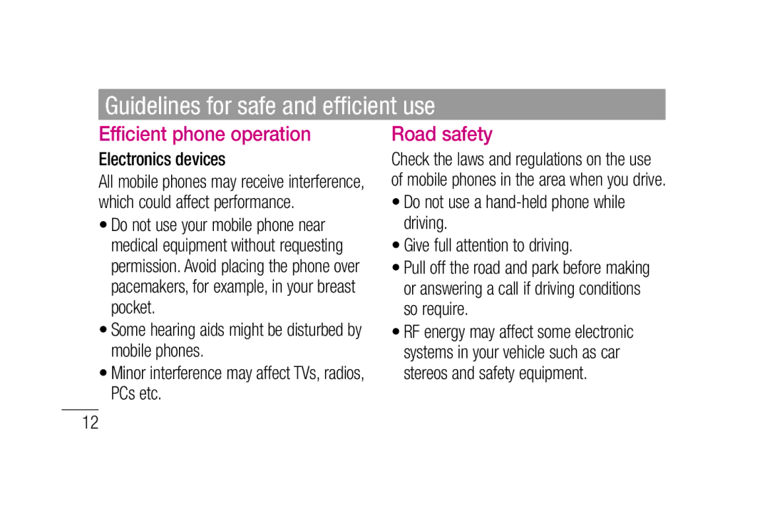 LG Electronics P880 manual Efficient phone operation, Road safety, Electronics devices 