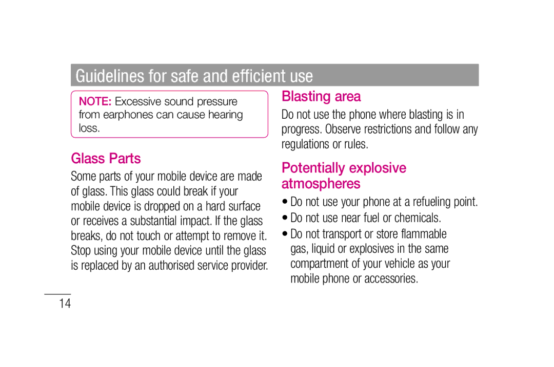 LG Electronics P880 manual Blasting area, Glass Parts, Do not use near fuel or chemicals 