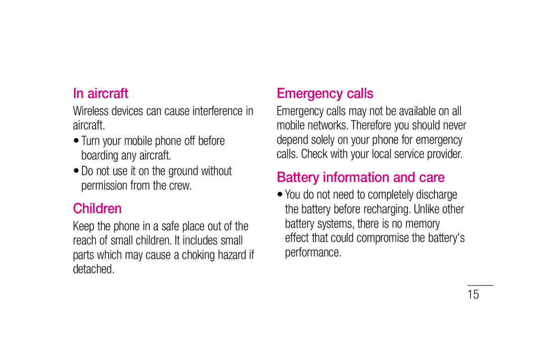 LG Electronics P880 manual Aircraft, Children, Emergency calls, Battery information and care 