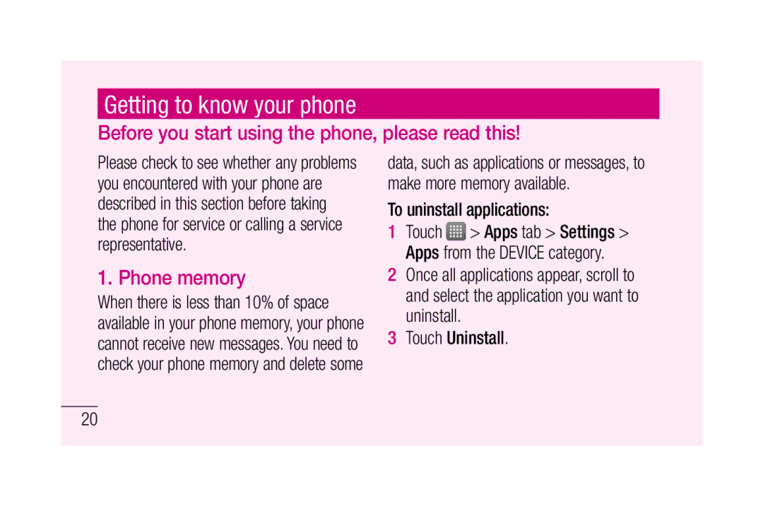 LG Electronics P880 manual Getting to know your phone, Before you start using the phone, please read this, Phone memory 