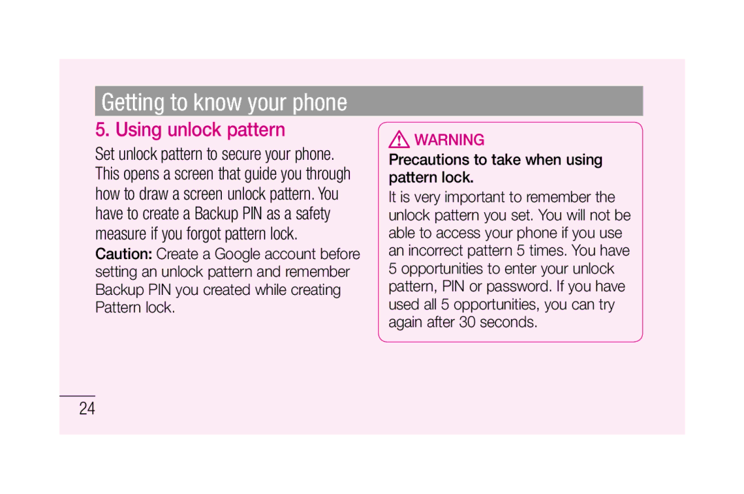 LG Electronics P880 manual Using unlock pattern, Precautions to take when using pattern lock 