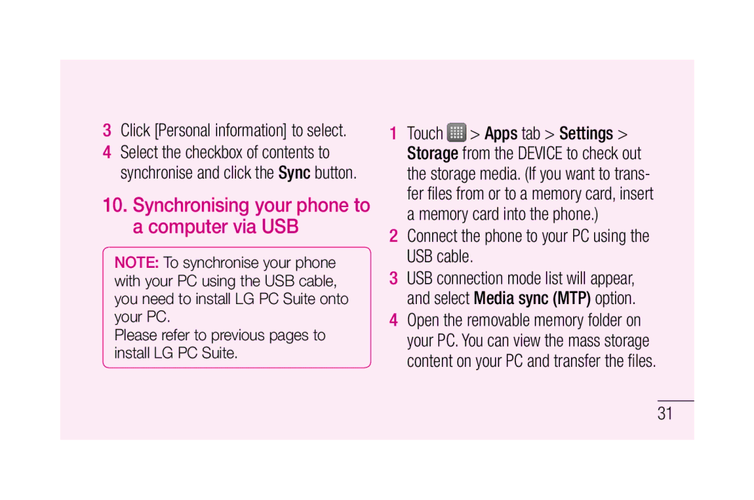 LG Electronics P880 manual Synchronising your phone to a computer via USB, Connect the phone to your PC using the USB cable 