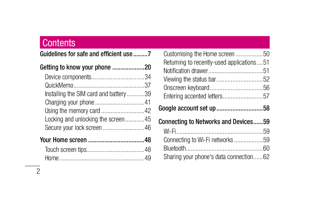 LG Electronics P880 manual Contents 