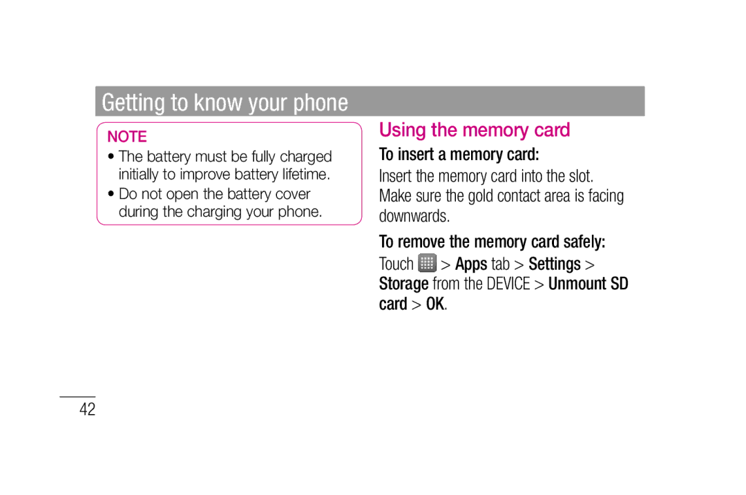 LG Electronics P880 manual Using the memory card 