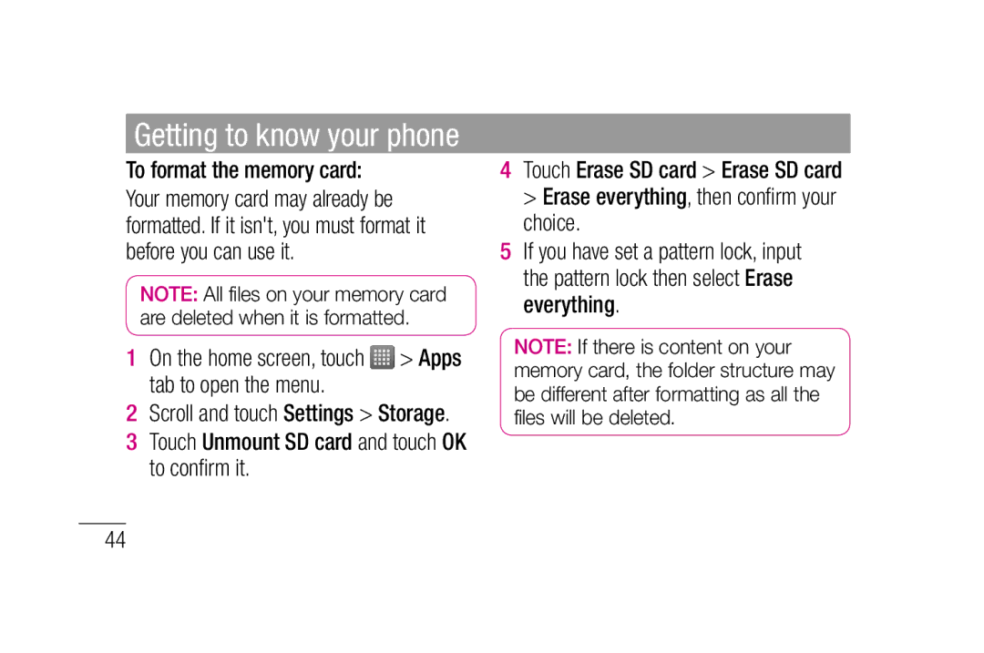 LG Electronics P880 manual To format the memory card, On the home screen, touch Apps tab to open the menu 