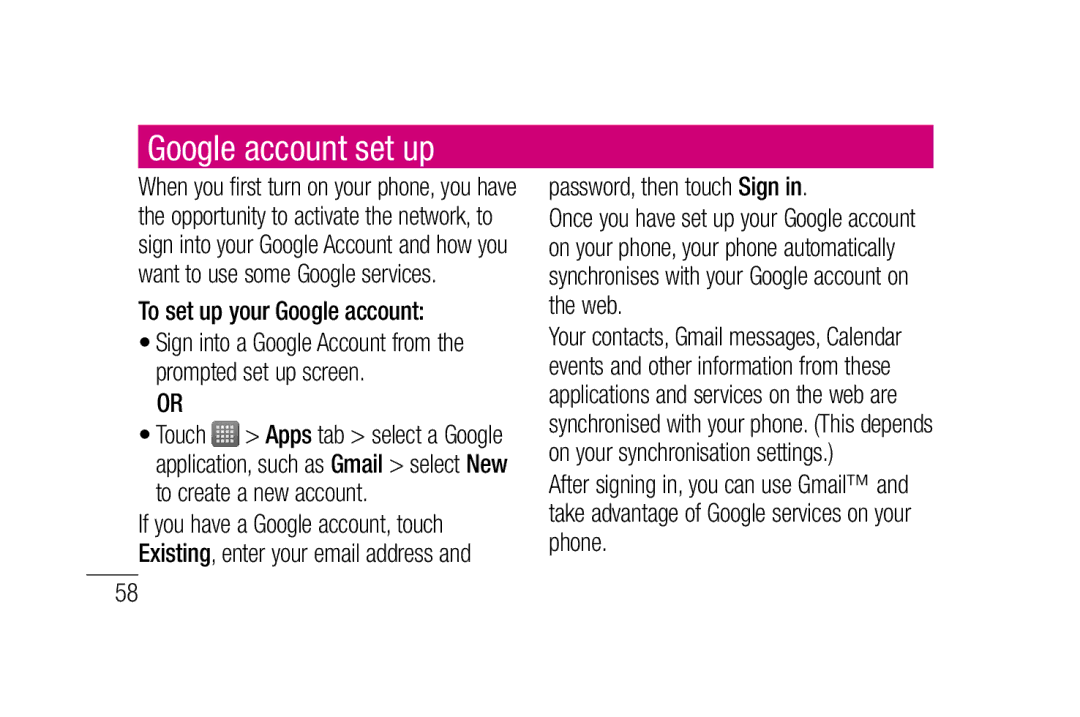 LG Electronics P880 manual Google account set up, To set up your Google account, Password, then touch Sign 