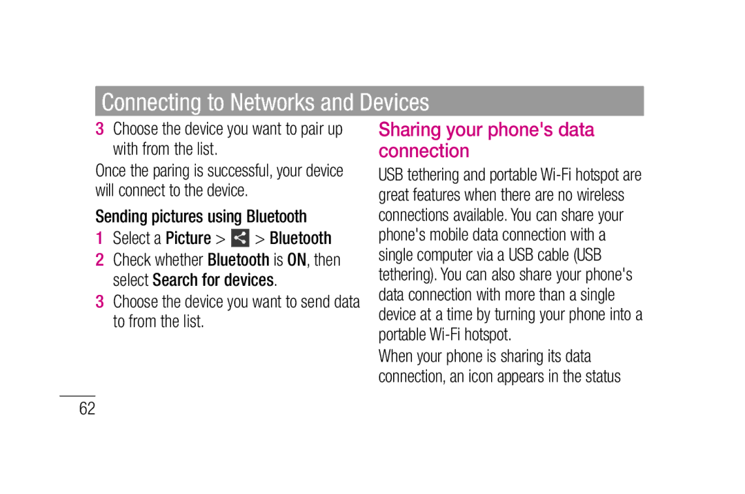 LG Electronics P880 manual Sharing your phones data connection, Choose the device you want to pair up with from the list 