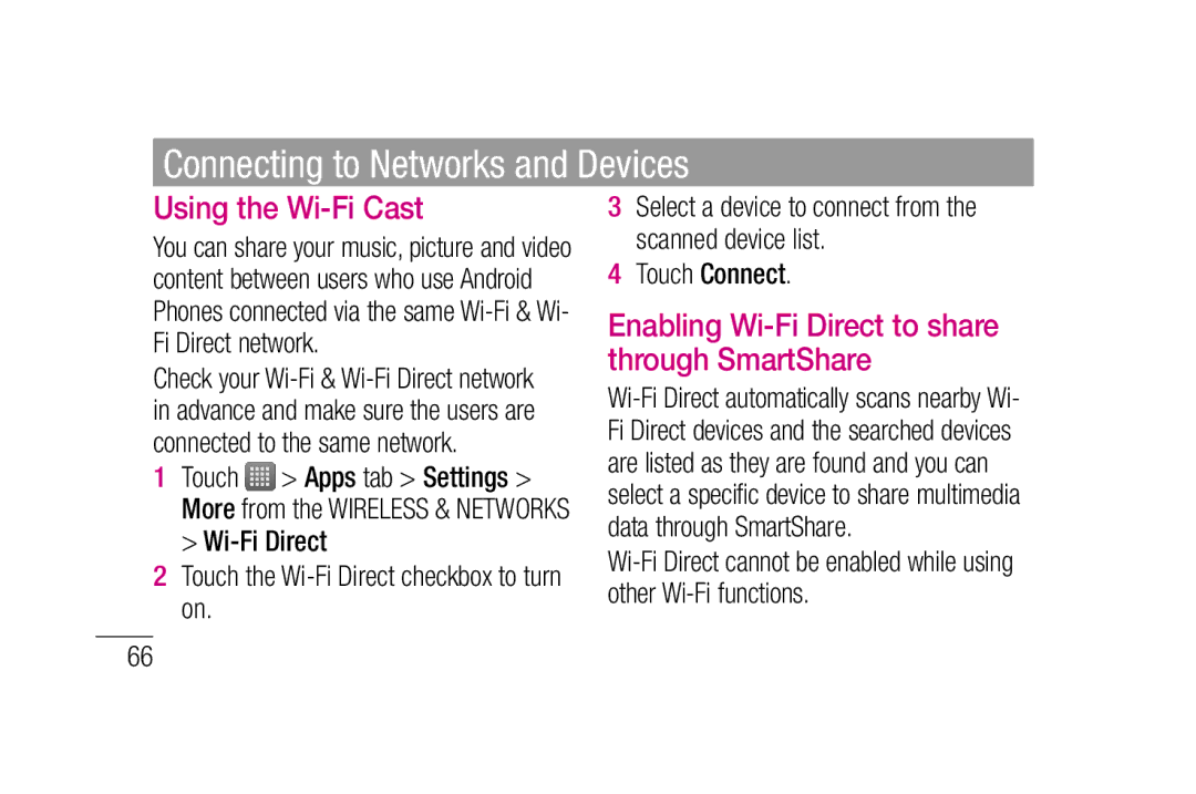 LG Electronics P880 manual Using the Wi-Fi Cast, Enabling Wi-Fi Direct to share through SmartShare, Touch Connect 