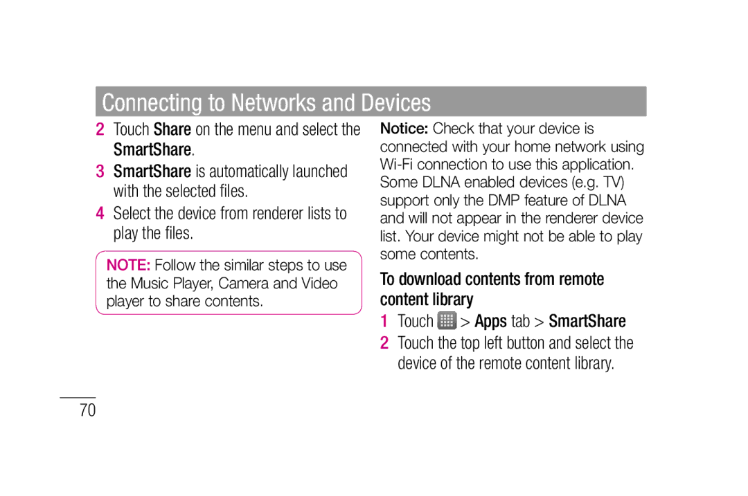 LG Electronics P880 manual Touch Share on the menu and select the SmartShare 