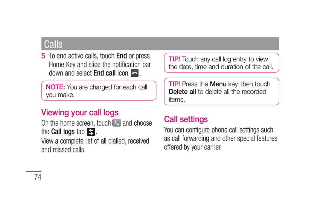 LG Electronics P880 manual Viewing your call logs, Call settings 