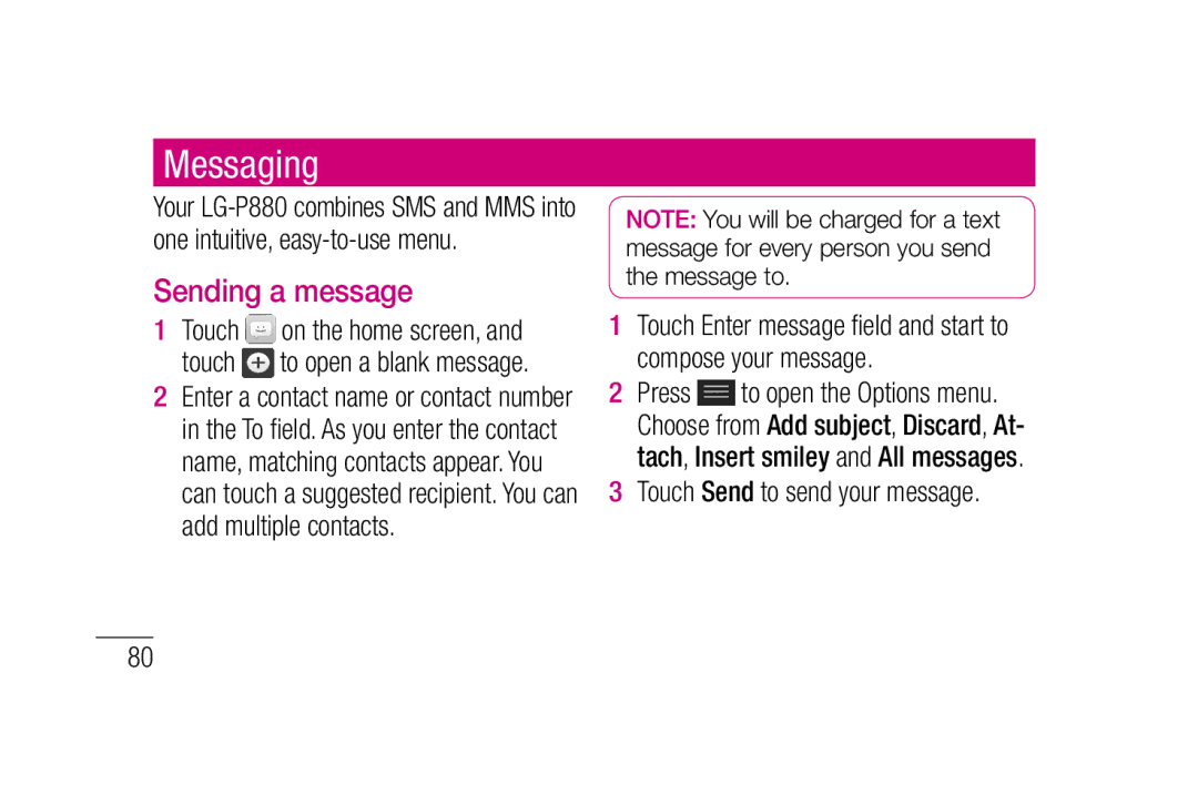 LG Electronics P880 manual Messaging, Sending a message, Touch Send to send your message 