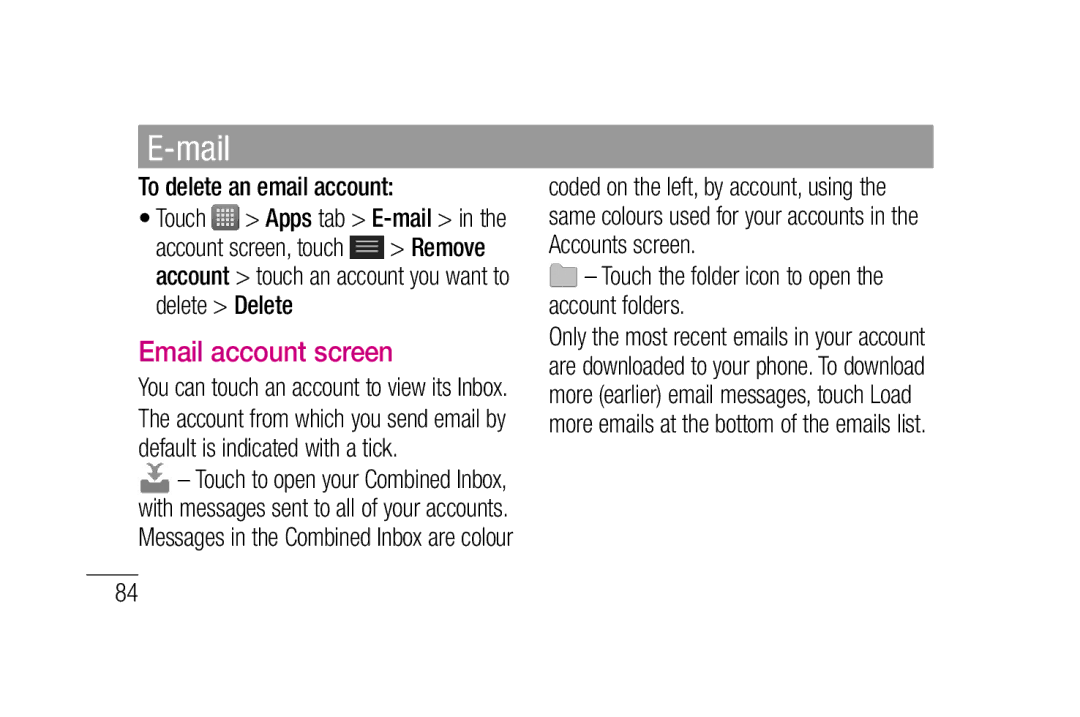 LG Electronics P880 Email account screen, To delete an email account, Touch the folder icon to open the account folders 