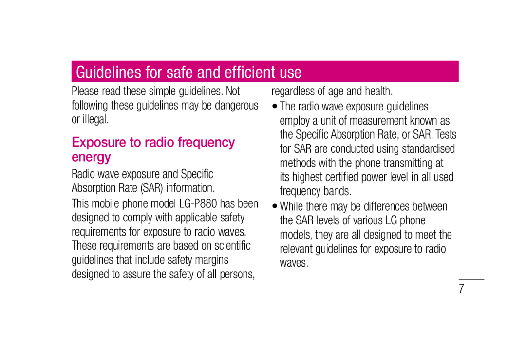 LG Electronics P880 manual Guidelines for safe and efﬁ cient use, Exposure to radio frequency energy 