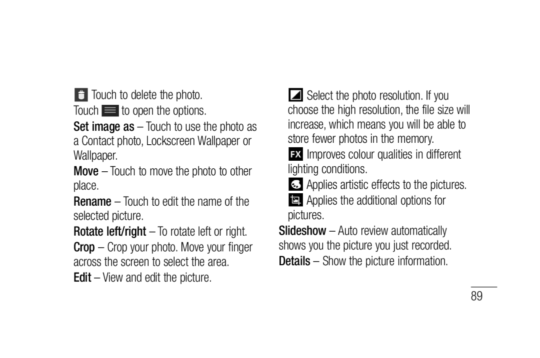 LG Electronics P880 manual Edit View and edit the picture, Improves colour qualities in different lighting conditions 