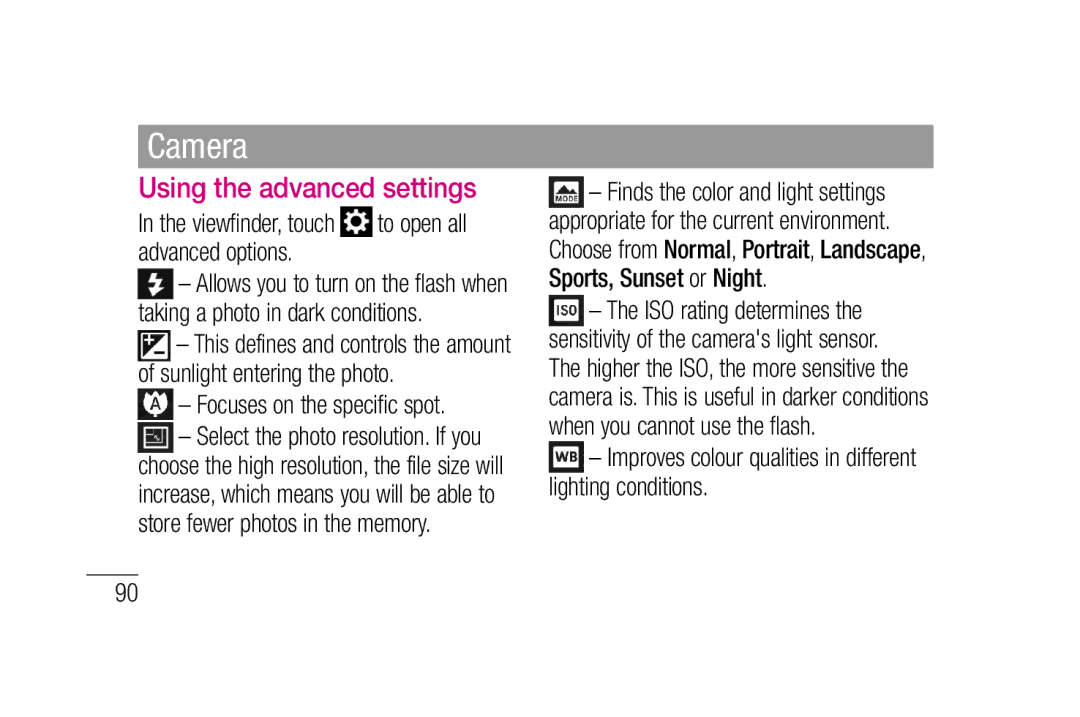 LG Electronics P880 manual Using the advanced settings, Viewfinder, touch to open all advanced options 