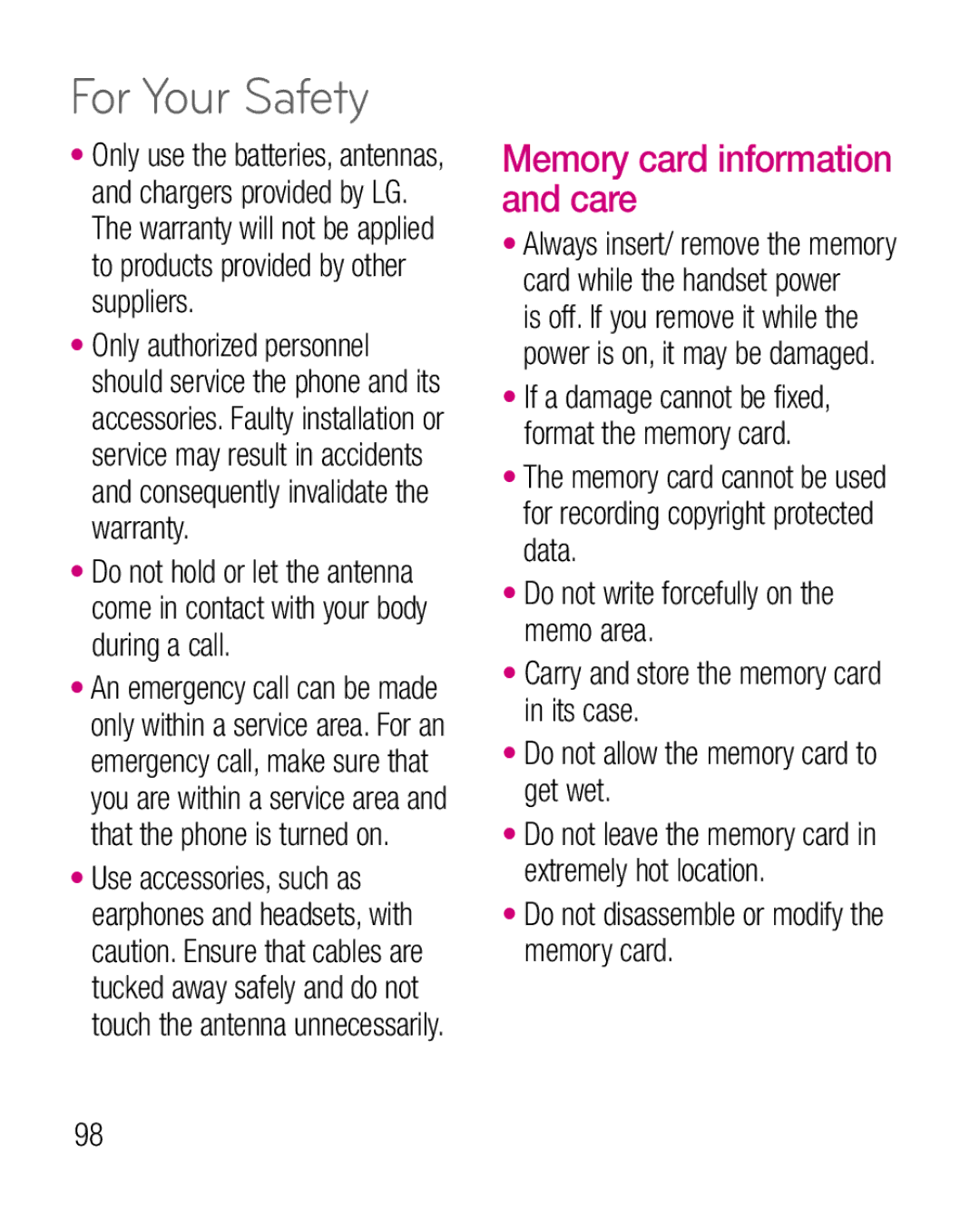 LG Electronics P925G manual Memory card information and care, Do not disassemble or modify the memory card 