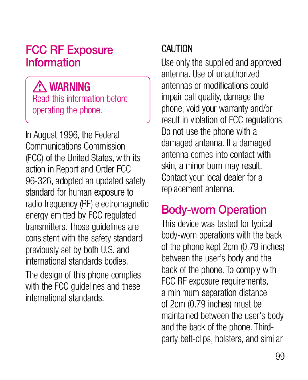 LG Electronics P925G manual FCC RF Exposure Information, Body-worn Operation 