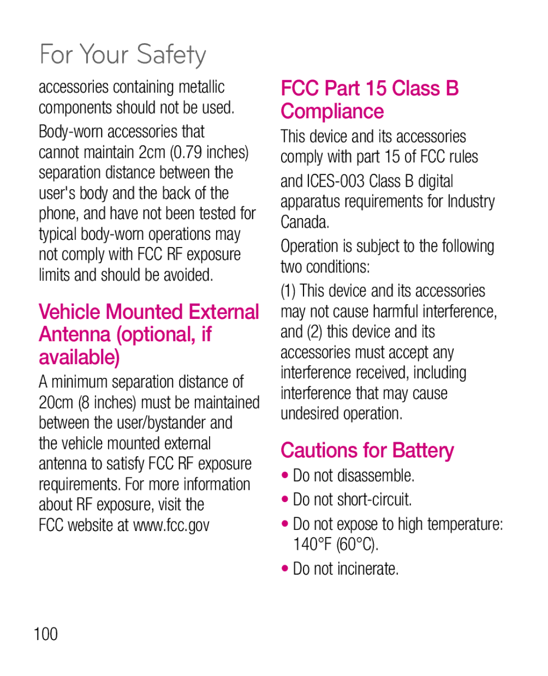 LG Electronics P925G manual Vehicle Mounted External Antenna optional, if available, FCC Part 15 Class B Compliance 