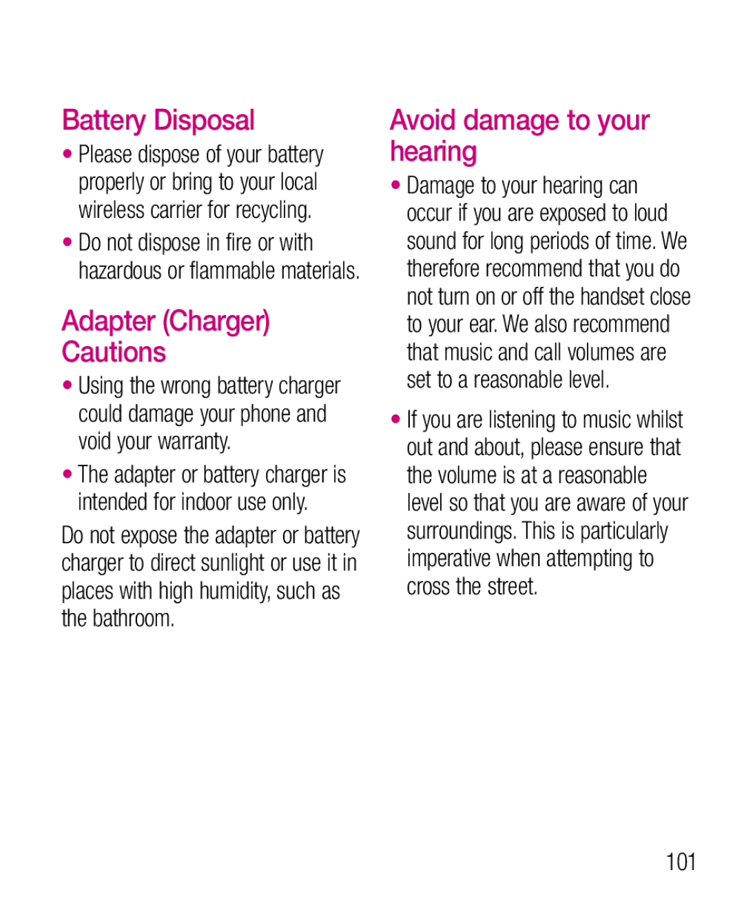 LG Electronics P925G manual Battery Disposal, Adapter Charger, Avoid damage to your hearing, 101 