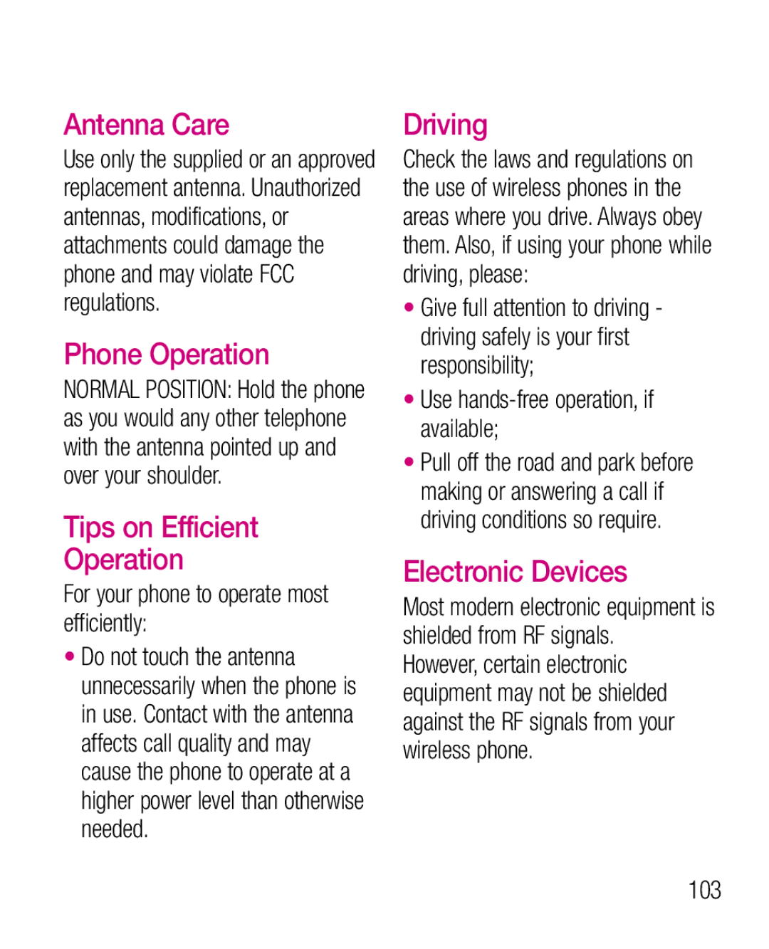 LG Electronics P925G manual Antenna Care, Phone Operation, Tips on Efficient Operation, Driving, Electronic Devices 