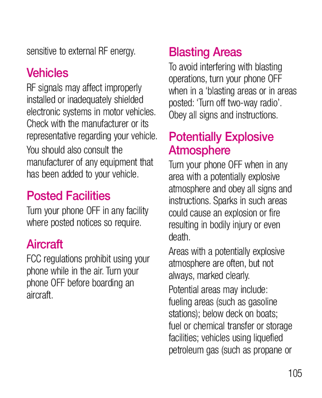 LG Electronics P925G manual Vehicles, Posted Facilities, Aircraft, Blasting Areas, Potentially Explosive Atmosphere 