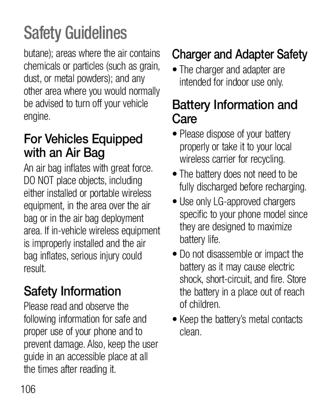 LG Electronics P925G manual Battery Information and Care, For Vehicles Equipped with an Air Bag 