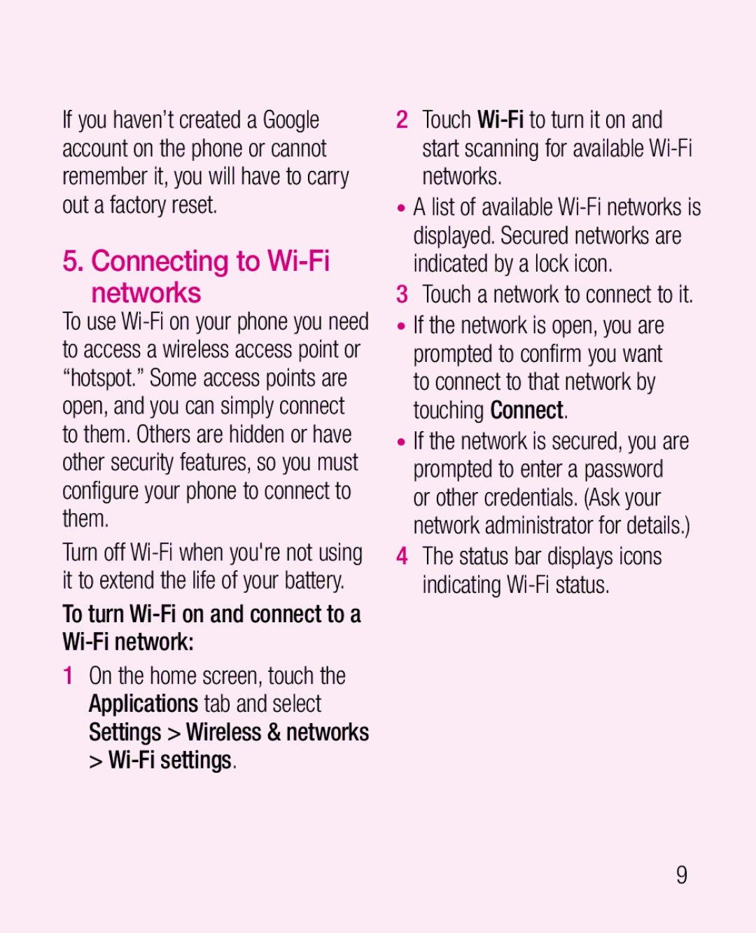 LG Electronics P925G manual Connecting to Wi-Fi networks, To turn Wi-Fi on and connect to a Wi-Fi network 