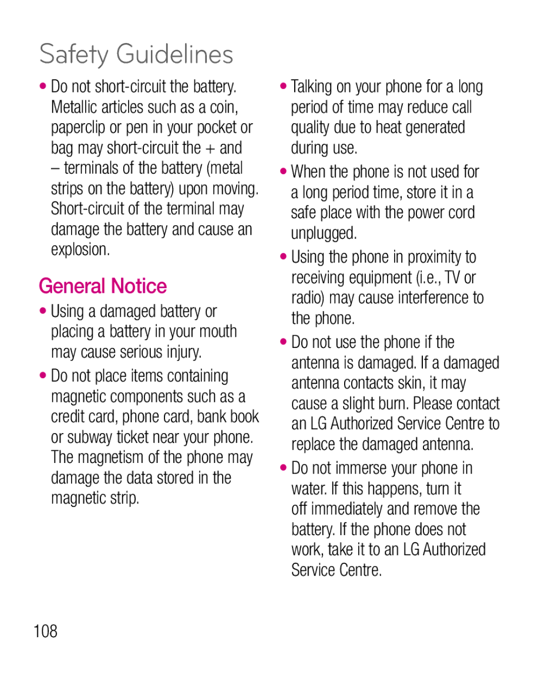 LG Electronics P925G manual General Notice, 108 