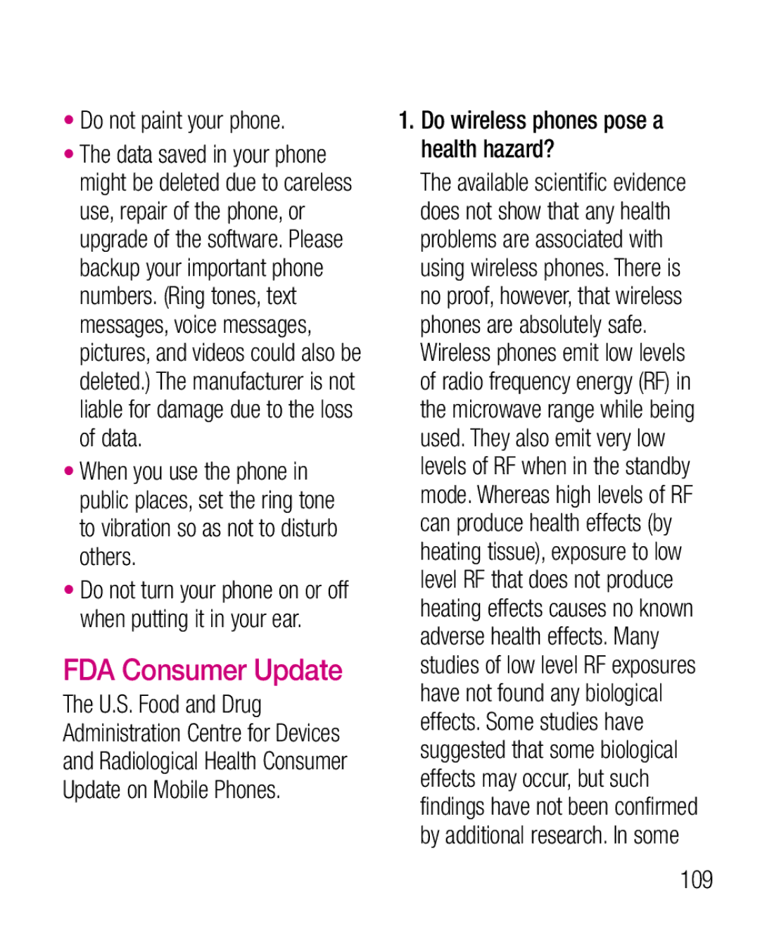 LG Electronics P925G manual FDA Consumer Update, Do not paint your phone, 109, Do wireless phones pose a health hazard? 